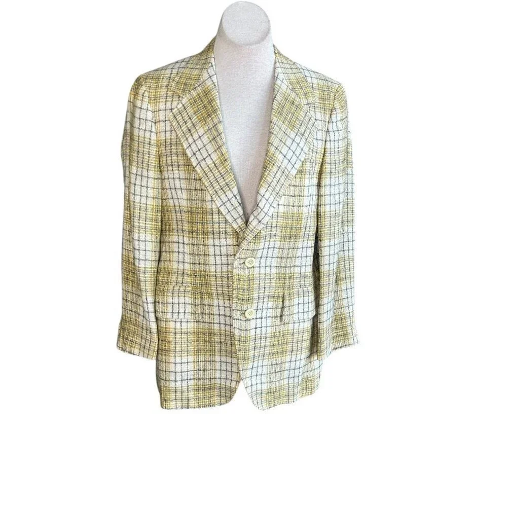 Trojan Deluxe Vintage 80s Men’s Ivory Gold Plaid Sport Coat Blazer Size 38-40R